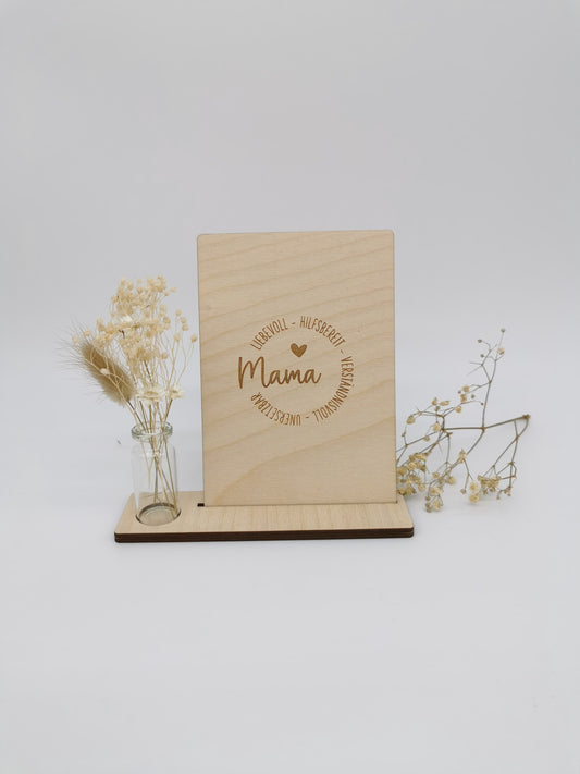 Holzkarte mit Vase und Trockenblumen Mama